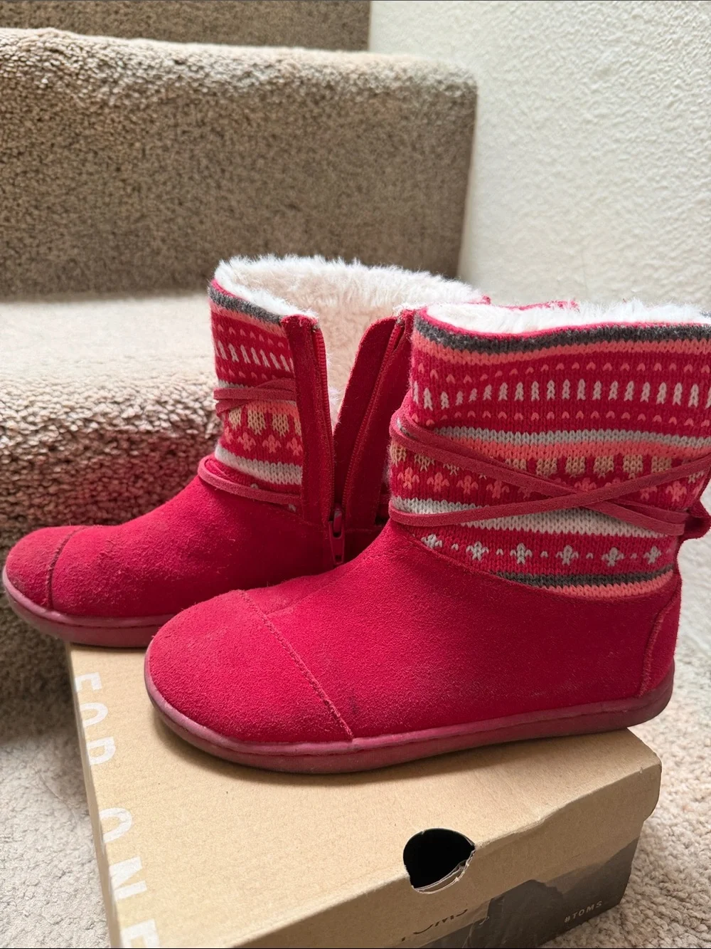 Toms Kids Pink Suede Knit Cuff Faux-Fur Lined Boots